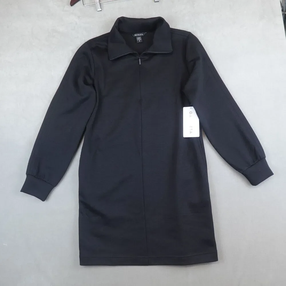 NWT Athleta Allure Dress 1/4 Zip Small Black Ponte Athleisure Pocket Mock Neck